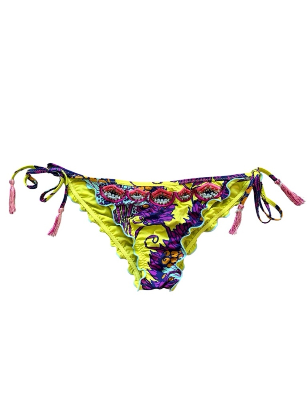 Zingara Ruffle Embroidered String Bikini Bottoms Abstract Print Size 6